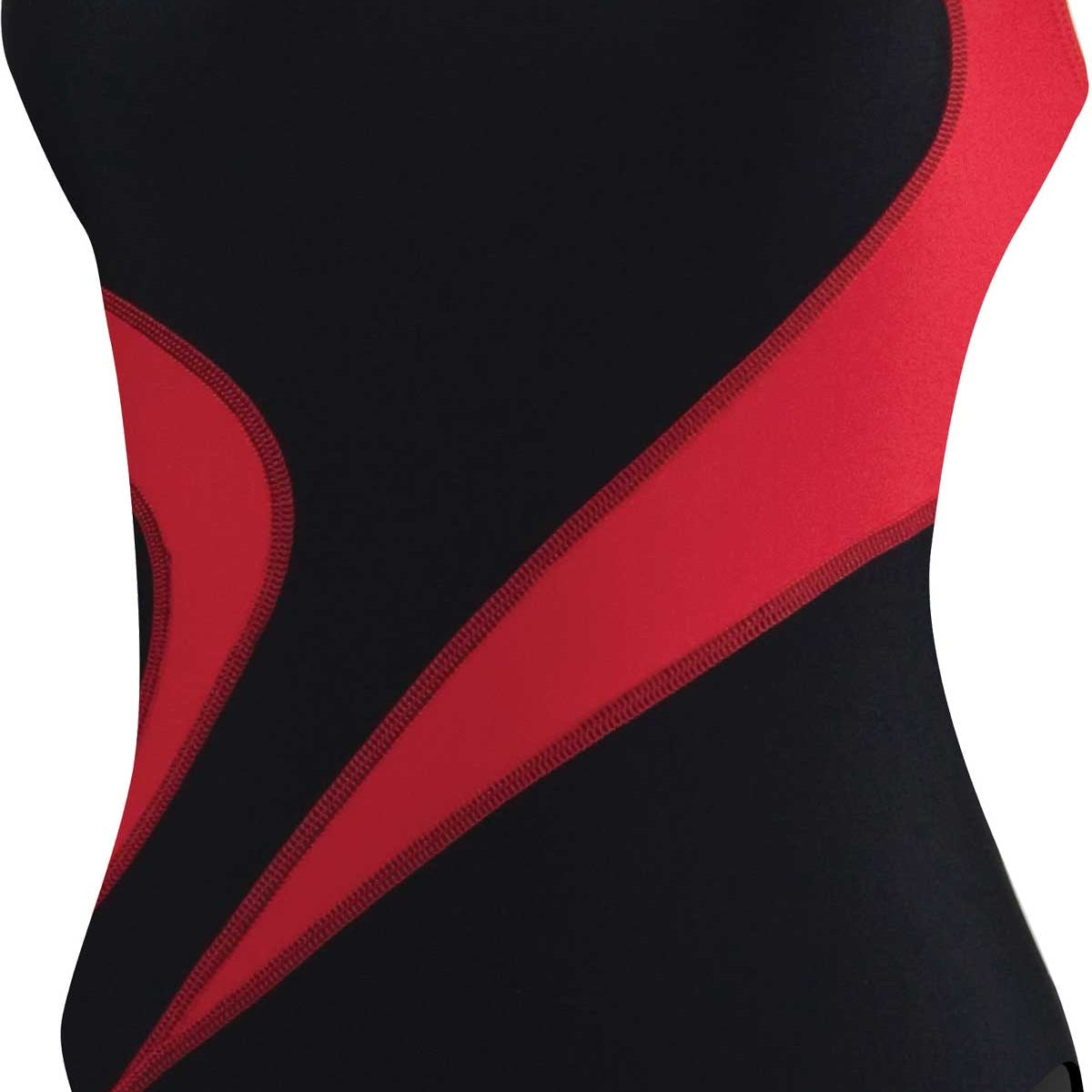 TYR Ladies' Alliance T-Splice Maxback Swimsuit - A black swimsuit with a red stripe on the side and a white logo that says "TYR" in the upper left corner.