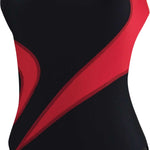 TYR Ladies' Alliance T-Splice Maxback Swimsuit - A black swimsuit with a red stripe on the side and a white logo that says "TYR" in the upper left corner.