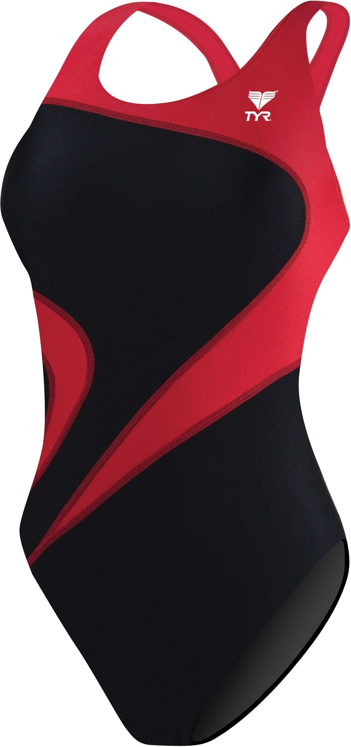 TYR Ladies' Alliance T-Splice Maxback Swimsuit - A black swimsuit with a red stripe on the side and a white logo that says "TYR" in the upper left corner.