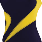 TYR Ladies' Alliance T-Splice Maxback Swimsuit - A navy blue swimsuit with a yellow trim and white logo on the upper left side.