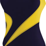TYR Ladies' Alliance T-Splice Maxback Swimsuit - A navy blue swimsuit with a yellow trim and white logo on the upper left side.