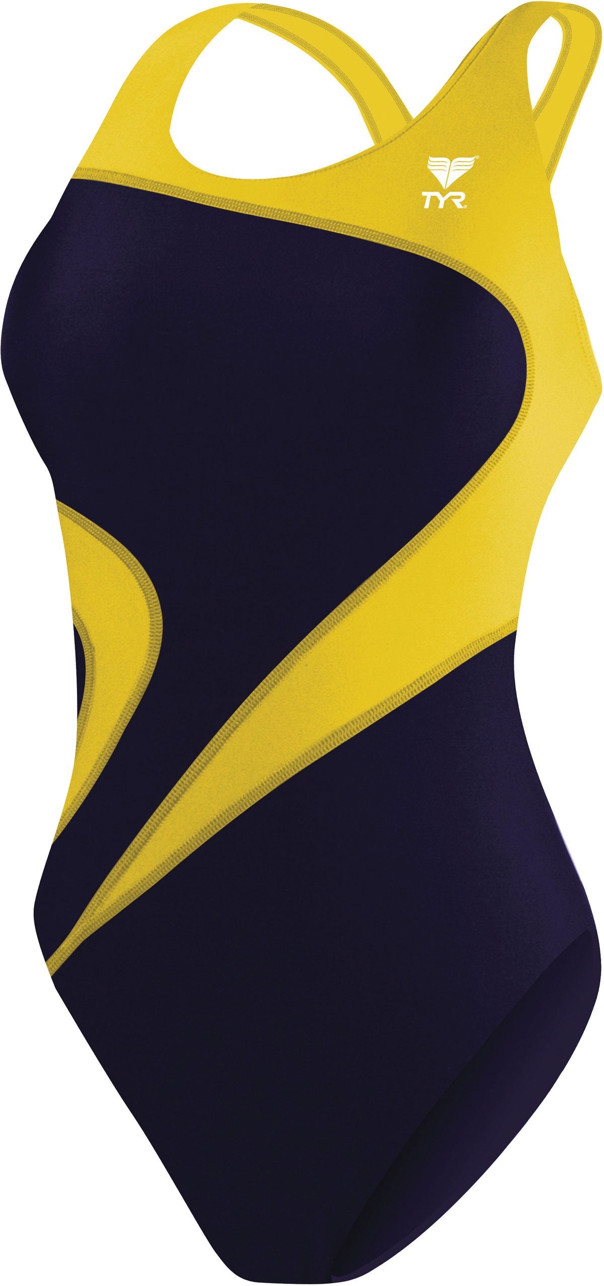TYR Ladies' Alliance T-Splice Maxback Swimsuit - A navy blue swimsuit with a yellow trim and white logo on the upper left side.