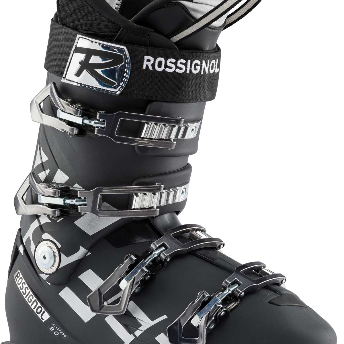 Men's Rossignol Allspeed ski boot in black with silver buckles and gray strap accents