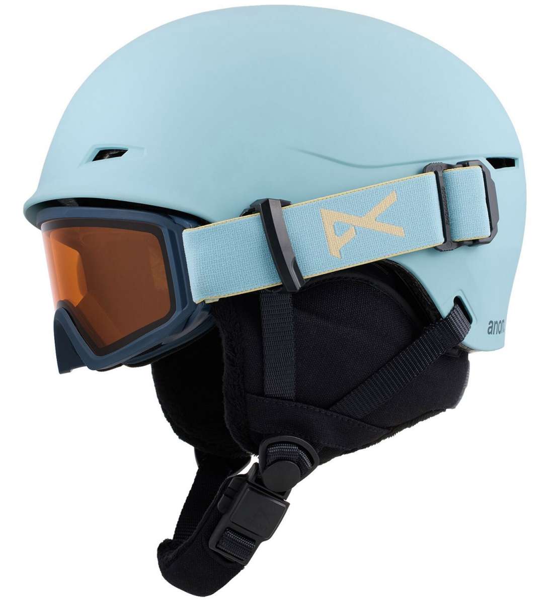 Anon Junior's Define Helmet 2024 - A light blue helmet with a black chin strap and a white logo on the side.