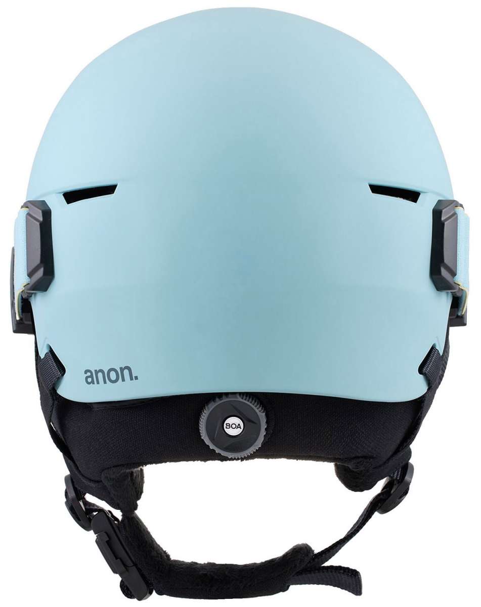 Anon Junior's Define Helmet 2024 - A light blue helmet with a black chin strap and white BOA logo on the front.