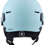 Anon Junior's Define Helmet 2024 - A light blue helmet with a black chin strap and white BOA logo on the front.