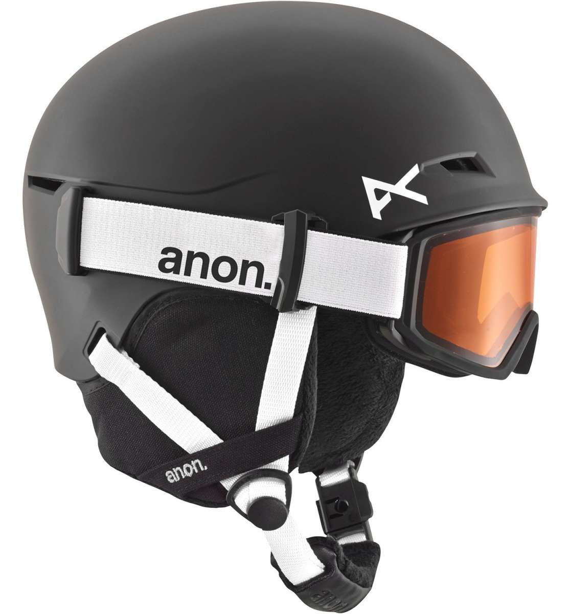 Anon Junior's Define Helmet 2024 - A matte black helmet with a white logo on top and an adjustable strap in the back.