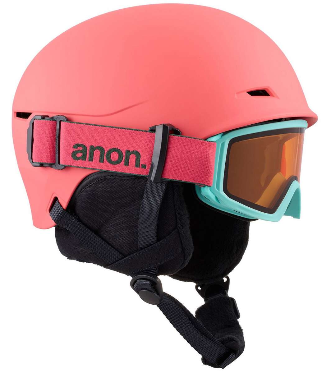 Anon Junior's Define Helmet 2024 - A coral-colored helmet with a black chin strap and ventilation holes on top.