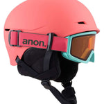 Anon Junior's Define Helmet 2024 - A coral-colored helmet with a black chin strap and ventilation holes on top.