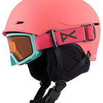 Anon Junior's Define Helmet 2024 - A coral-colored helmet with a black strap and buckle on the back.