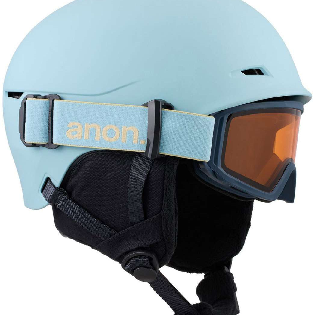 Anon Junior's Define Helmet 2024 - A light blue helmet with a black chin strap and buckle, featuring a white Anon logo on the side.