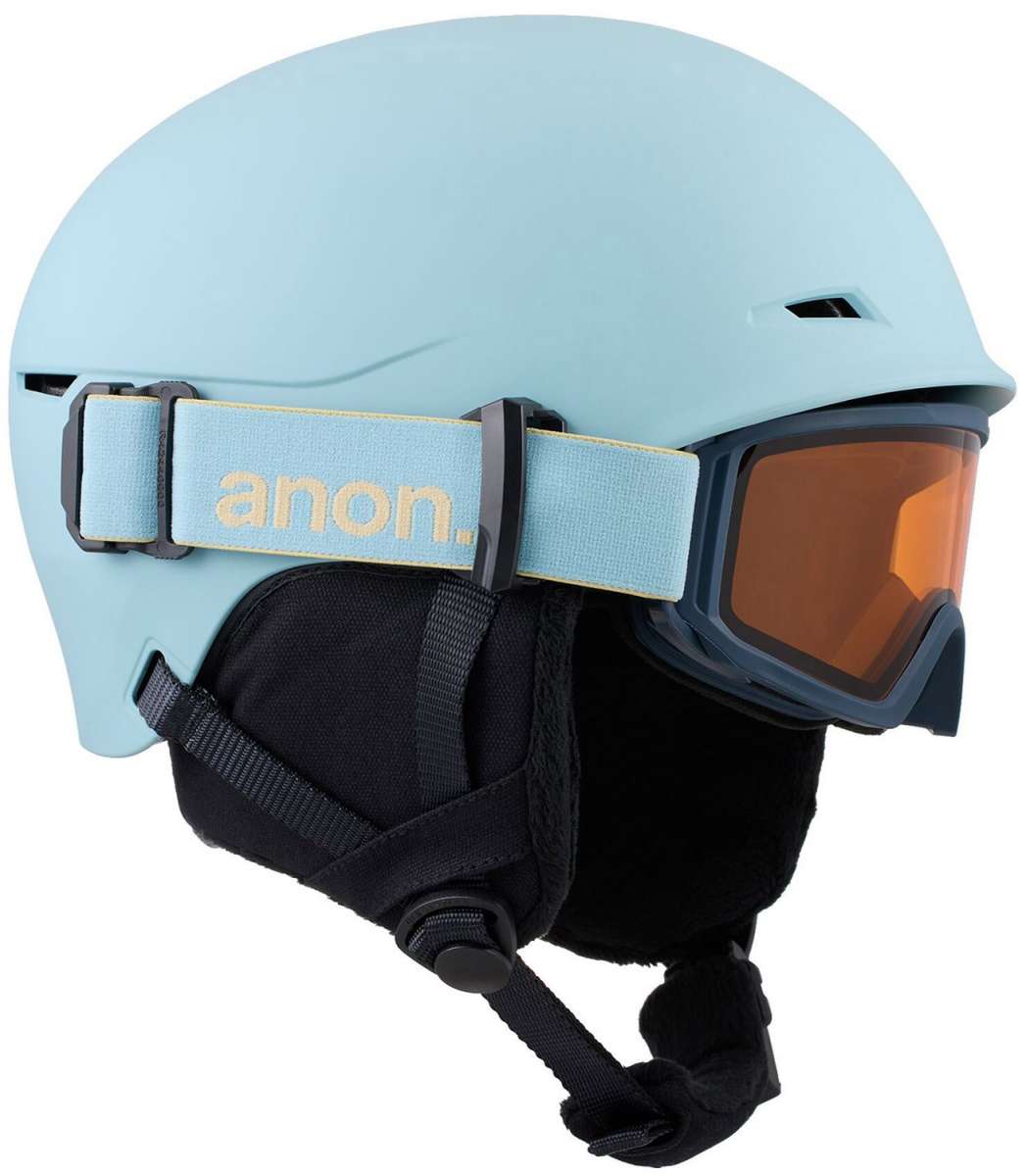 Anon Junior's Define Helmet 2024 - A light blue helmet with a black chin strap and buckle, featuring a white Anon logo on the side.