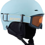 Anon Junior's Define Helmet 2024 - A light blue helmet with a black chin strap and buckle, featuring a white Anon logo on the side.