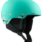 Anon Junior's Rime 3 Helmet 2022-2023 - A mint green helmet with a white logo on the front and a black chin strap.