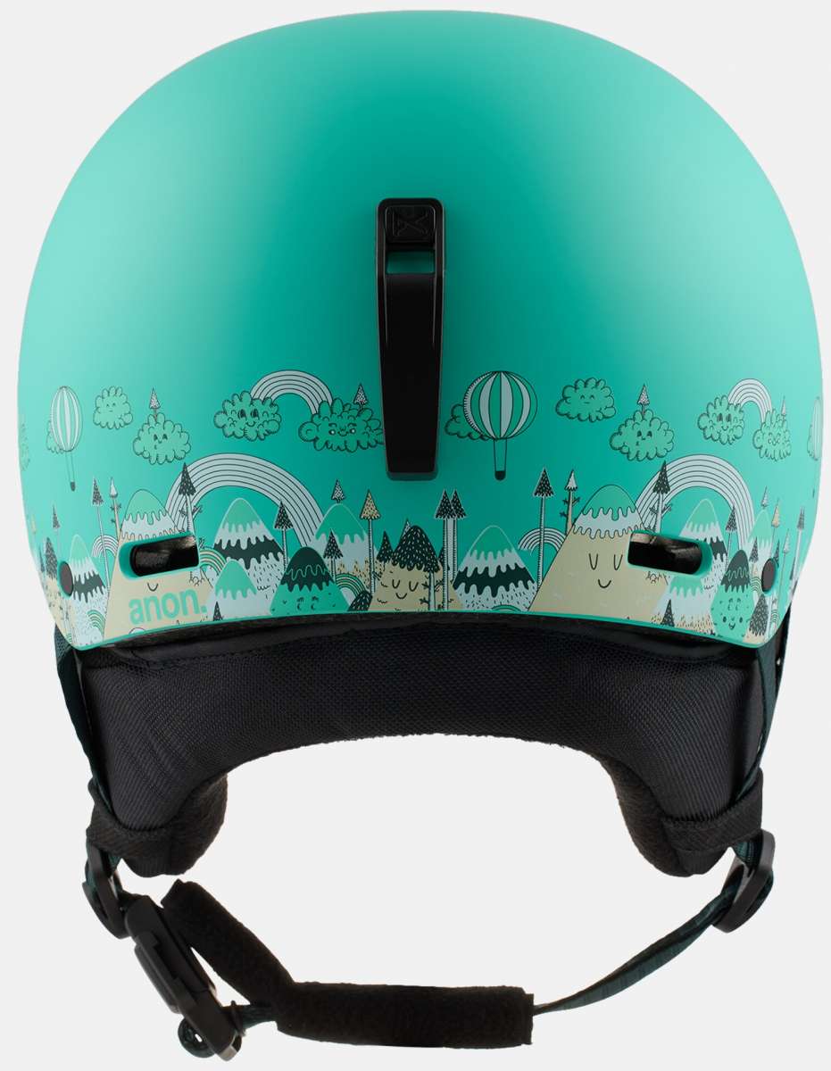 Anon Junior's Rime 3 Helmet 2022-2023 - A mint green helmet with a cartoon mountain design and black straps.