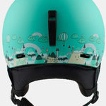 Anon Junior's Rime 3 Helmet 2022-2023 - A mint green helmet with a cartoon mountain design and black straps.