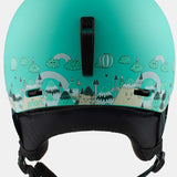 Anon Junior's Rime 3 Helmet 2022-2023 - A mint green helmet with a cartoon mountain design and black straps.