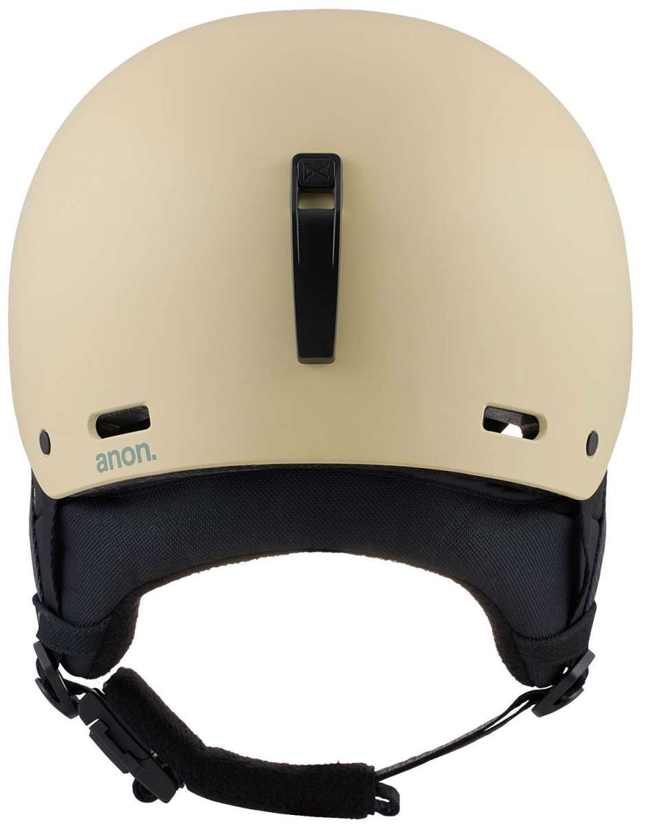 Anon Junior's Rime 3 Helmet 2024 - A tan helmet with a black strap and buckle on top, viewed from the back.