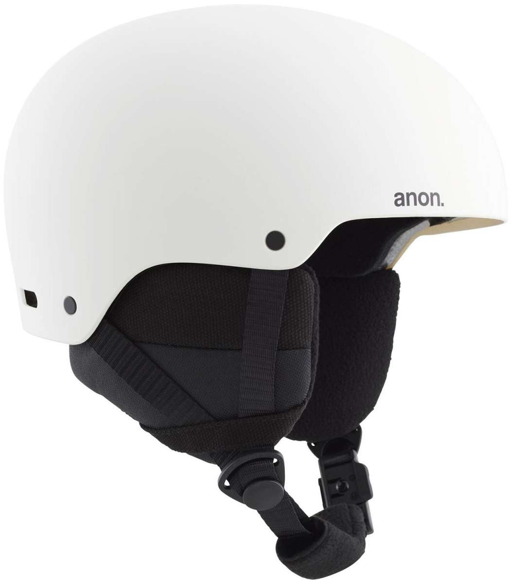 Anon Junior's Rime 3 Helmet 2024 - White helmet with a black strap and buckle on the back, featuring a small logo on the side.