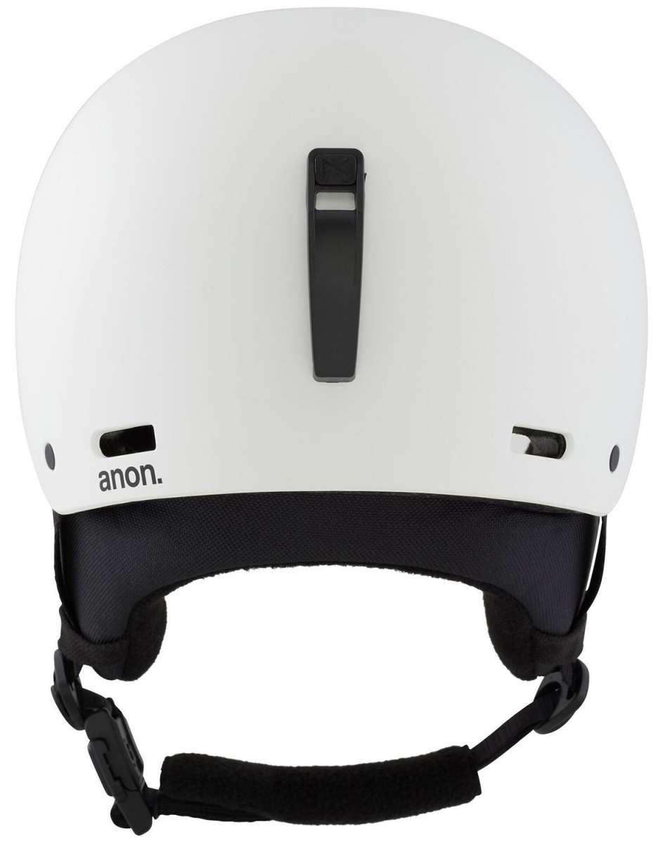 Anon Junior's Rime 3 Helmet 2024 - White helmet with black straps and buckle, featuring a small logo on the front.