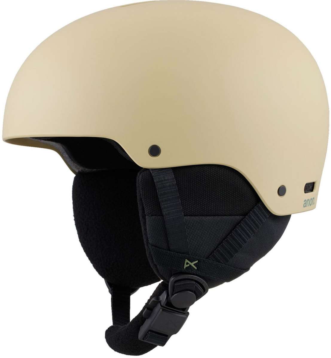 Anon Junior's Rime 3 Helmet 2024 - A tan helmet with a black chin strap and ventilation holes on top.