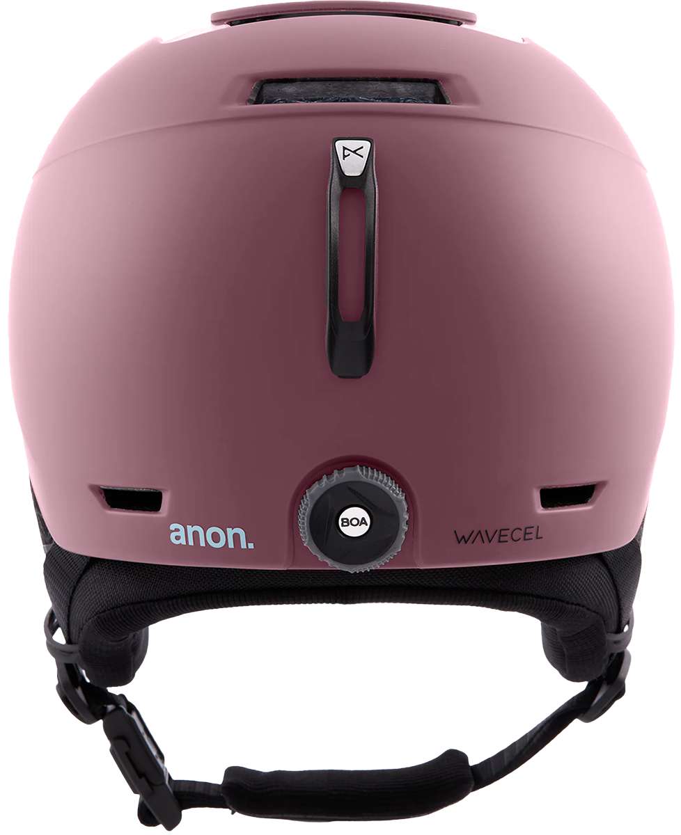 Anon Ladies Logan WaveCel Helmet 2022-2023 - A dusty rose-colored helmet with a black chin strap and white logo on the front.