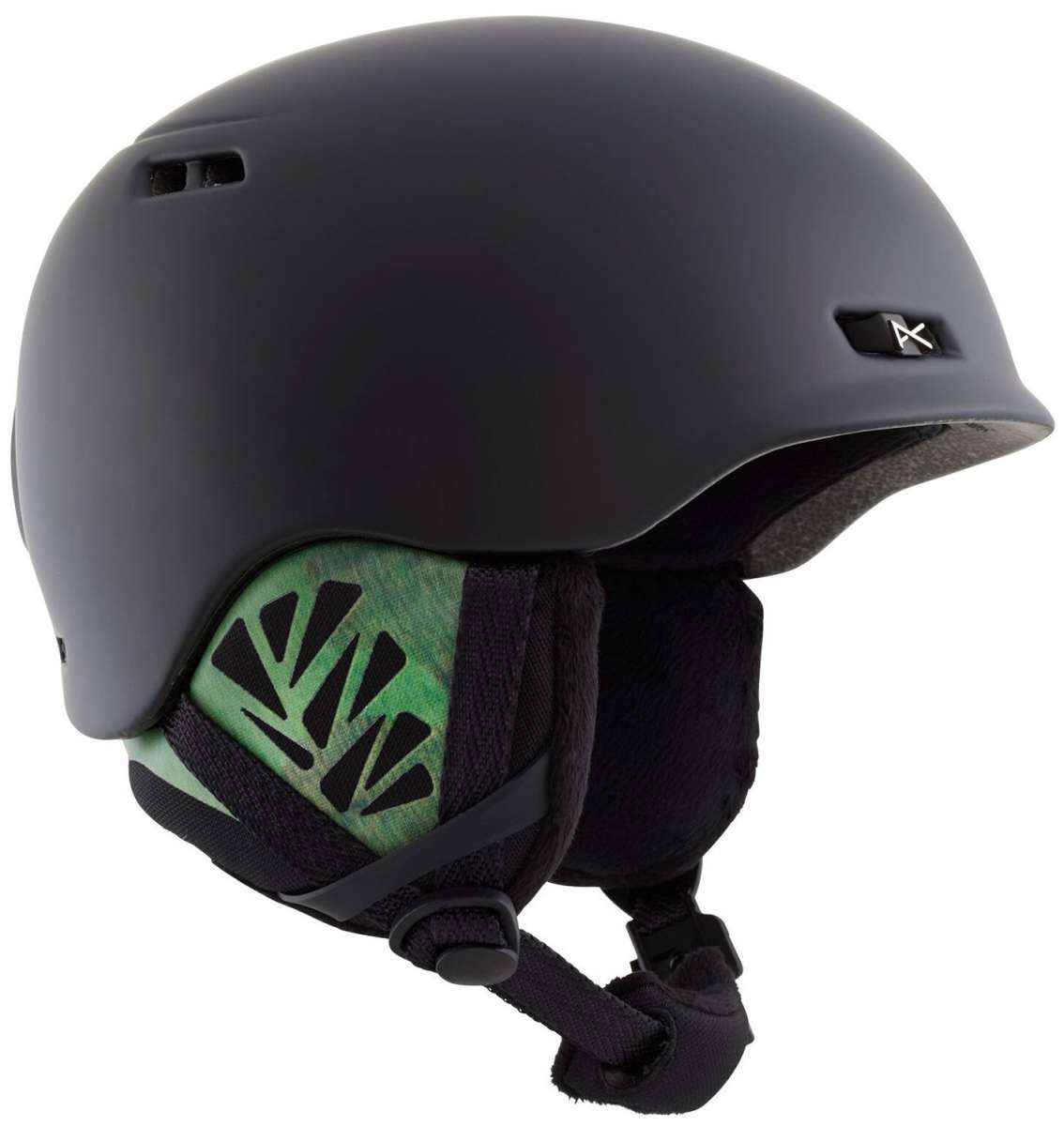 Anon Ladies Rodan Helmet 2022-2023 - A matte black helmet with a green logo on the side and ventilation holes along the top edge.