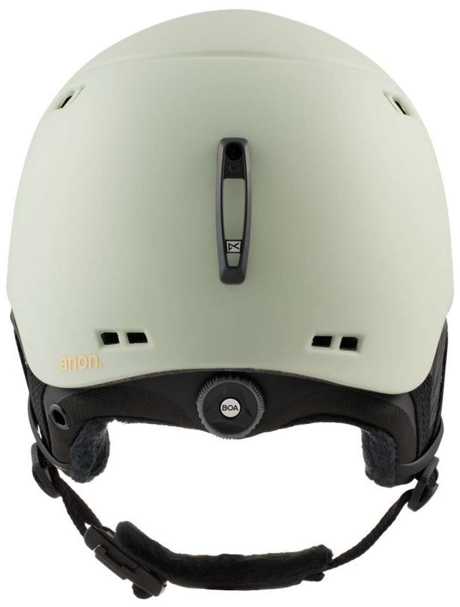 Anon Ladies Rodan Helmet 2022-2023 - A sage green helmet with a black chin strap and ventilation holes on top.