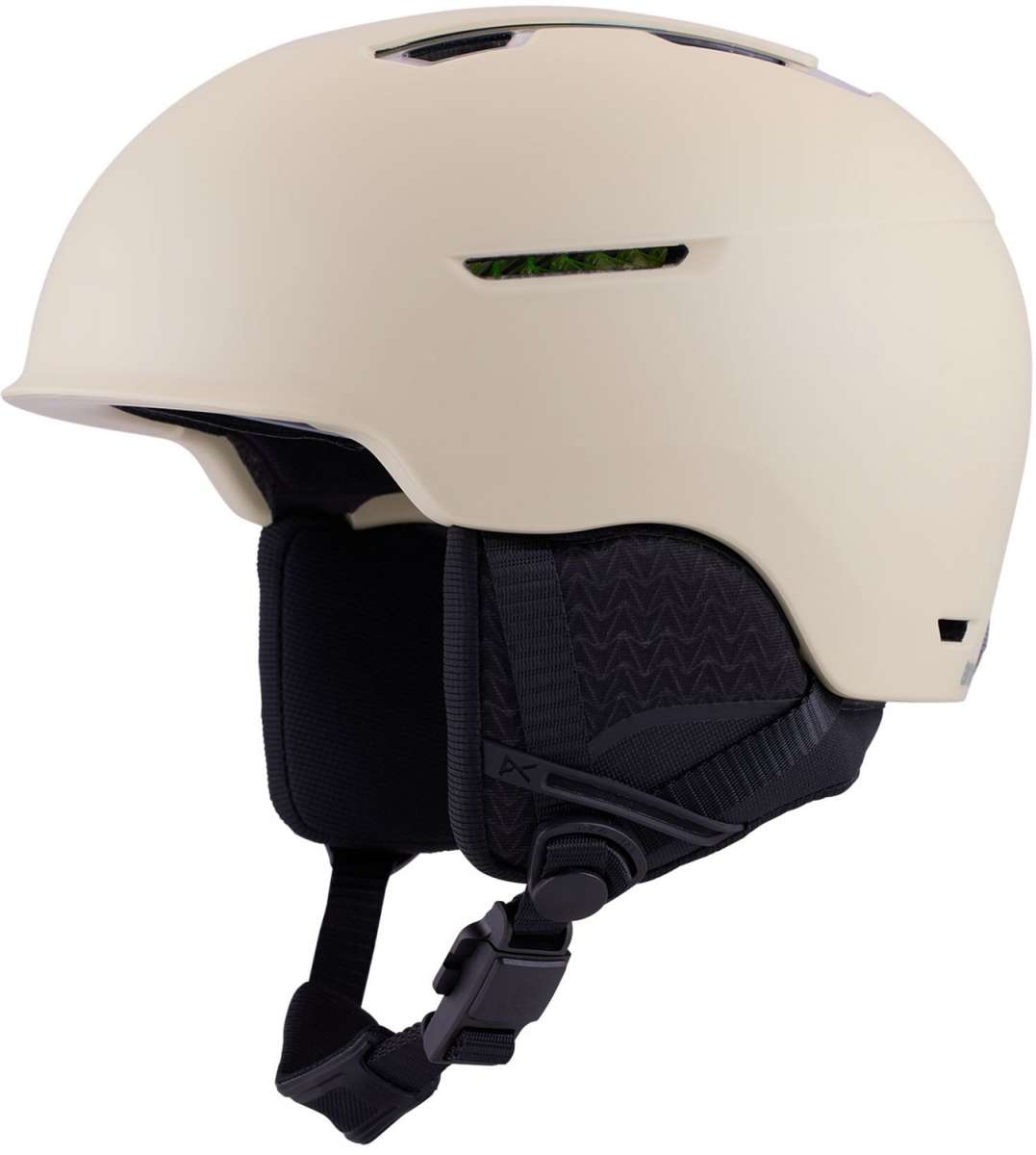 Anon Logan Wavecel Helmet 2024 - A white helmet with a green logo on the side and a black chin strap.