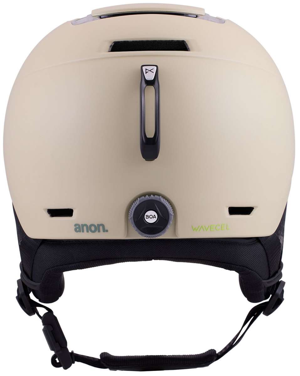 Anon Logan Wavecel Helmet 2024 - A tan-colored helmet with a black chin strap and white logo on top.