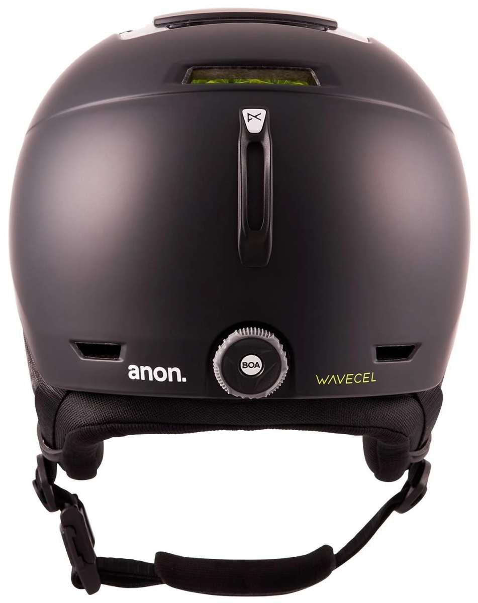 Anon Logan Wavecel Helmet 2024 - Matte black helmet with white logo on top and green accents on chin strap.