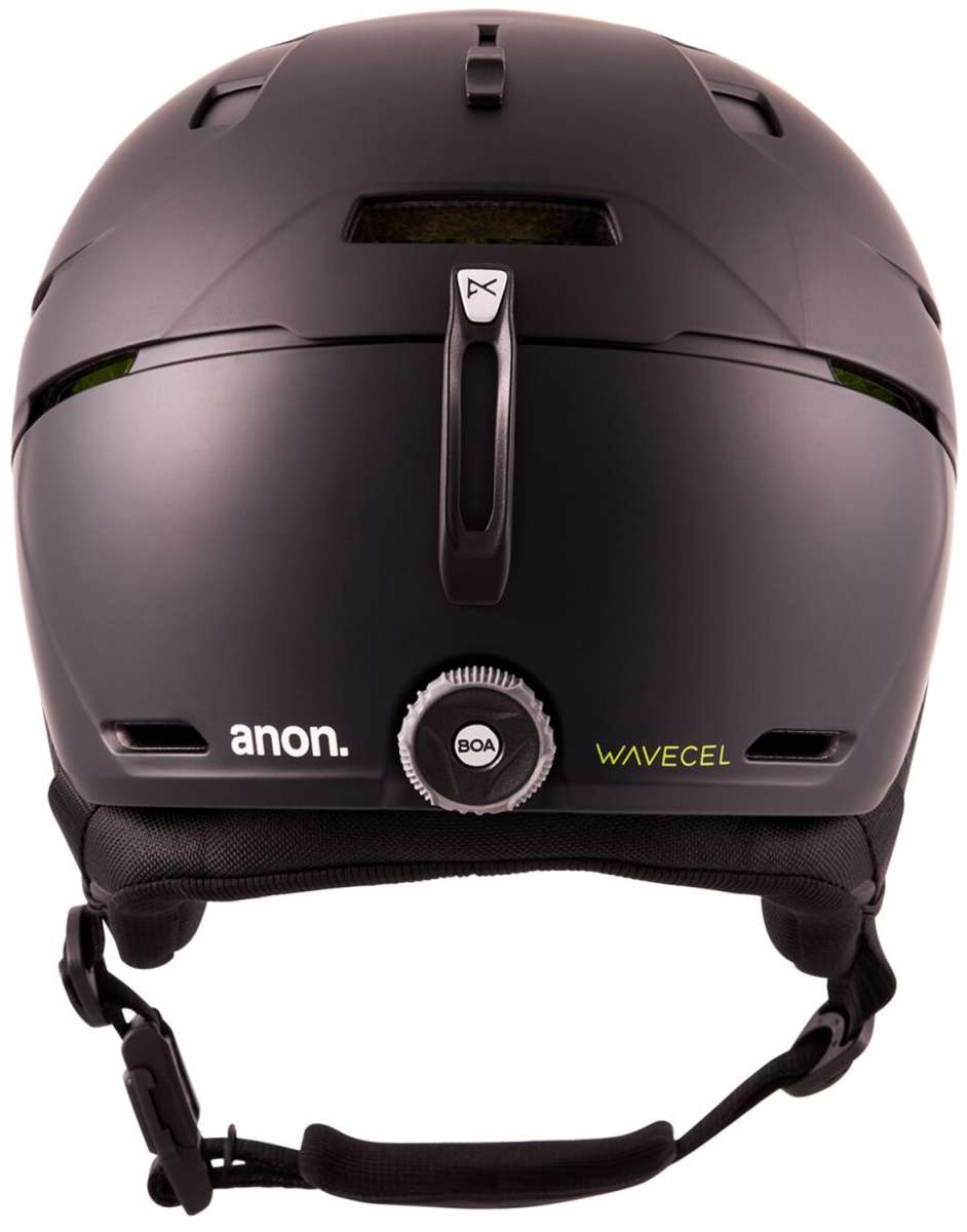 Anon Merak WaveCel Helmet 2022-2023 - Matte black helmet with a white logo on top and a chin strap.