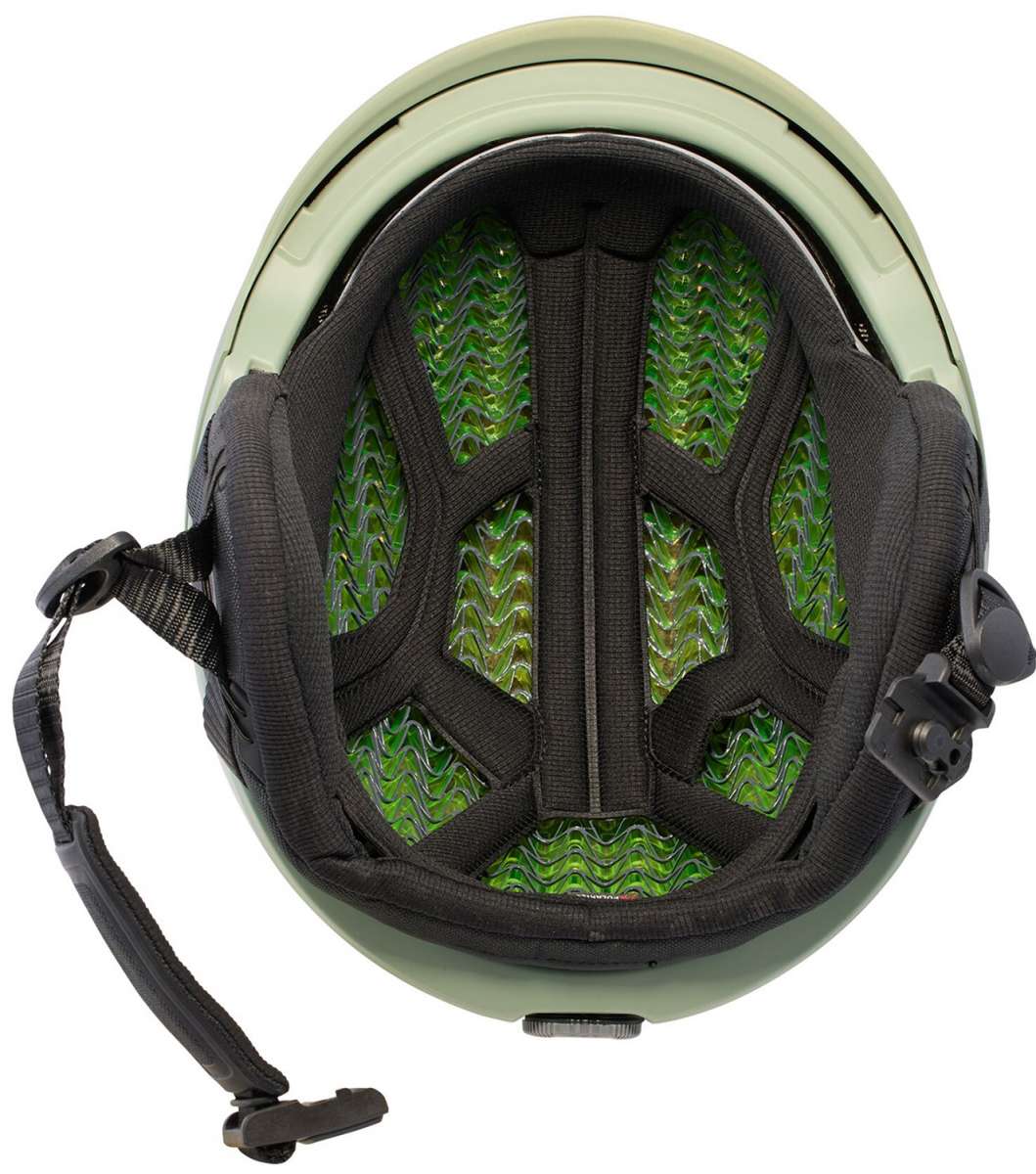Anon Merak Wavecel Helmet 2024 - A sage green helmet with a black chin strap and buckle, featuring a wavy pattern on the side.