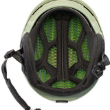 Anon Merak Wavecel Helmet 2024 - A sage green helmet with a black chin strap and buckle, featuring a wavy pattern on the side.