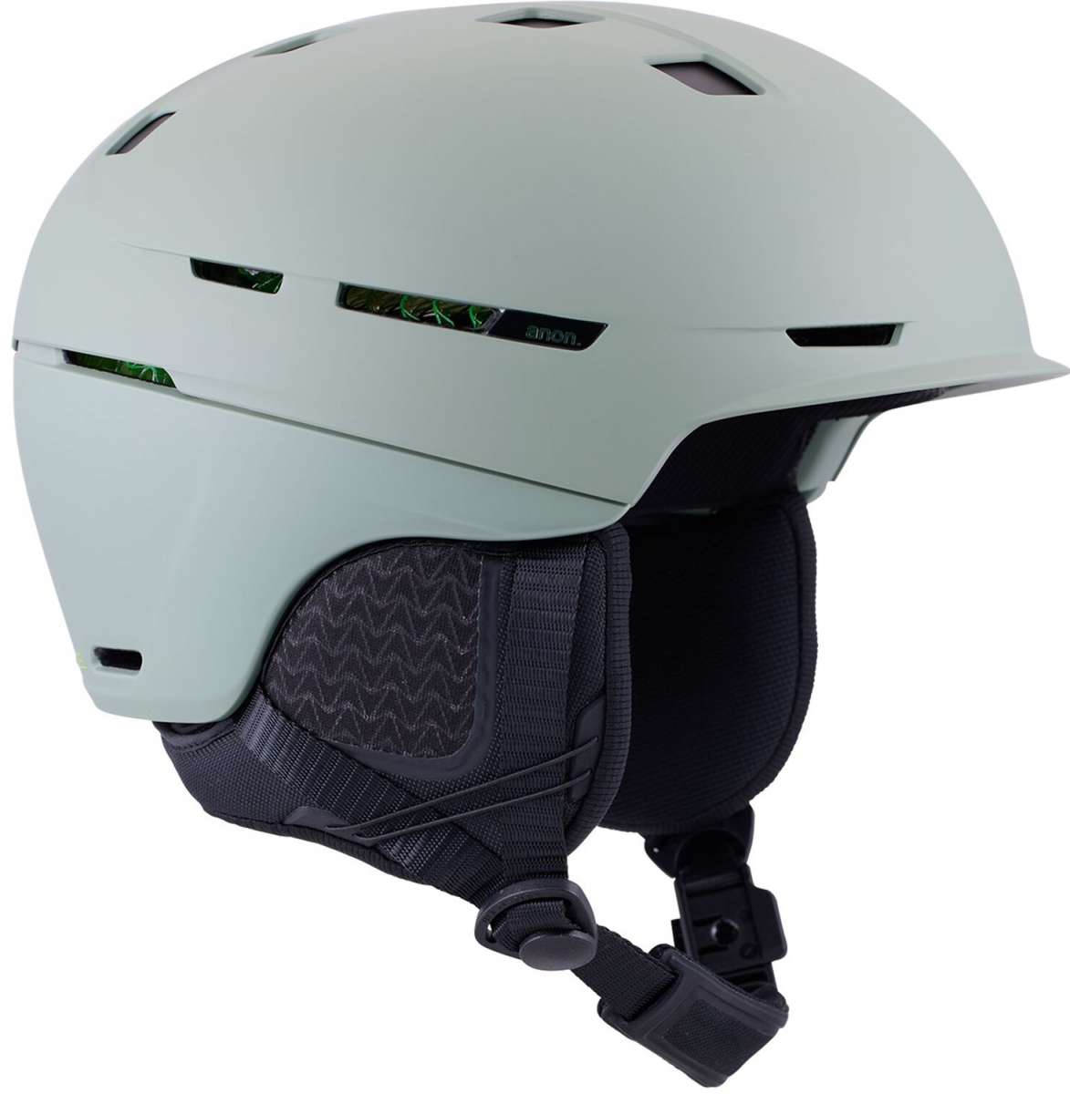 Anon Merak Wavecel Helmet 2024 - A white helmet with a black chin strap and green accents on the side vents.