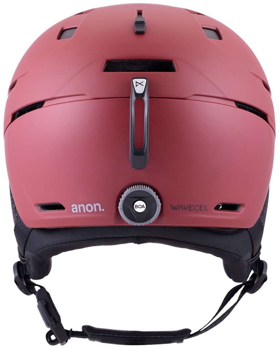 Anon Merak Wavecel Helmet 2024 - Matte black helmet with a white logo on the front and a red stripe running down the middle.