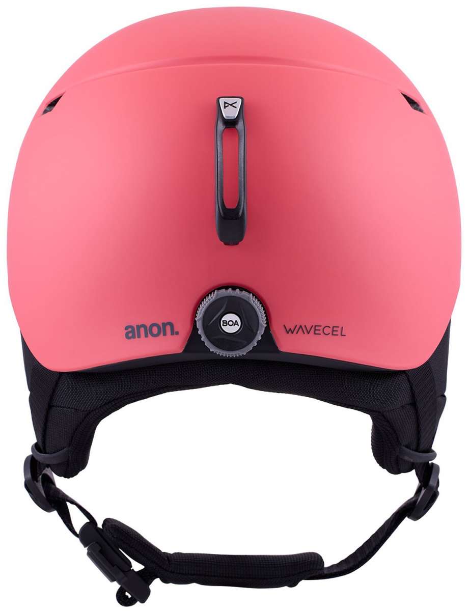 Anon Oslo WaveCel Helmet 2024 - A pink helmet with a black chin strap and white logo on the front.