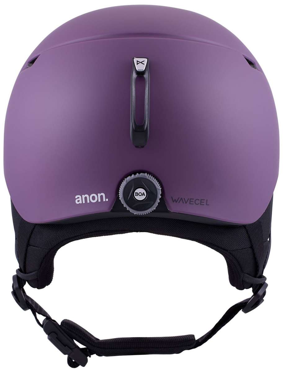 Anon Oslo WaveCel Helmet 2024 - Matte purple helmet with a black chin strap and white logo on the front.