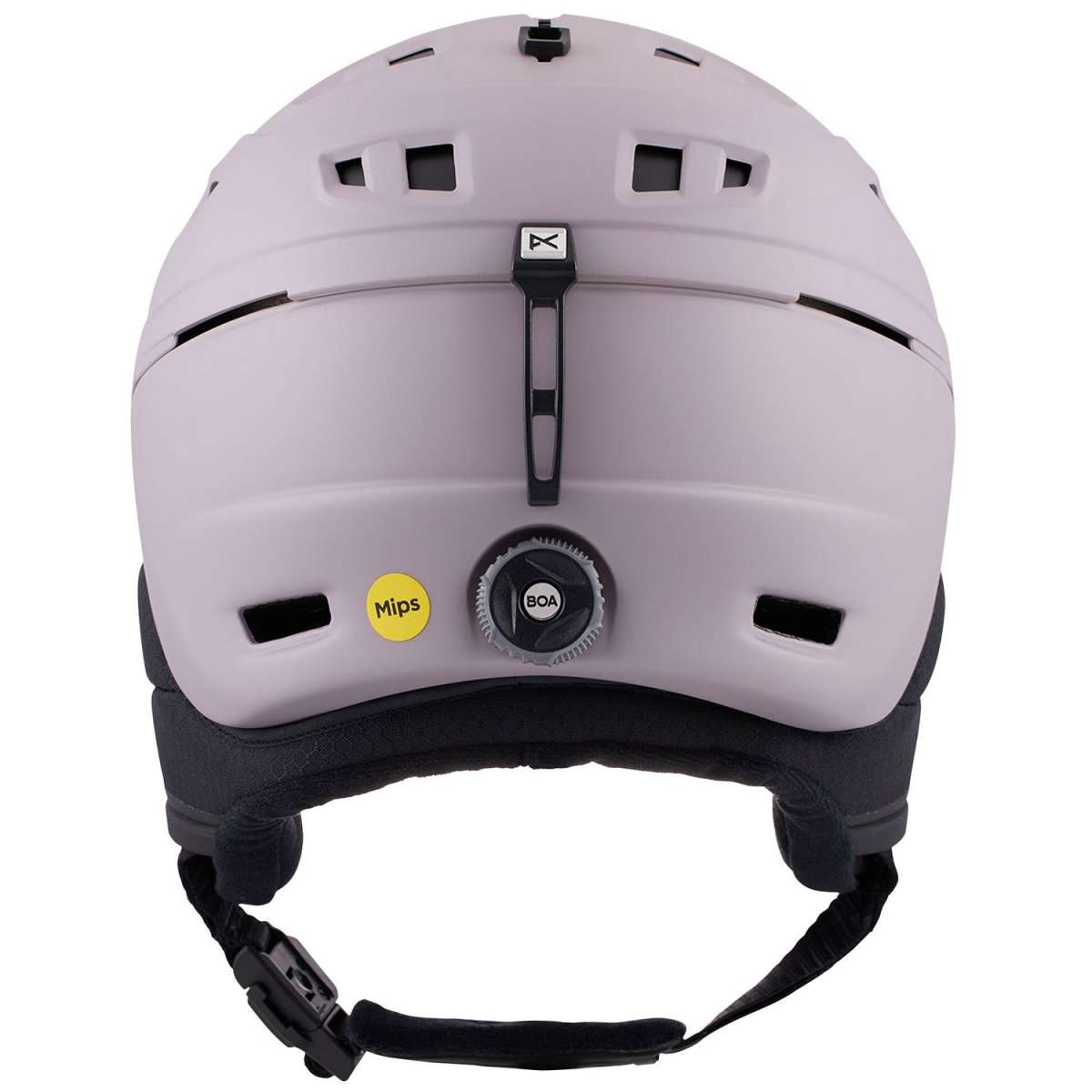 Anon Prime Mips Helmet 2024 - A white helmet with a black chin strap and a silver logo on top.
