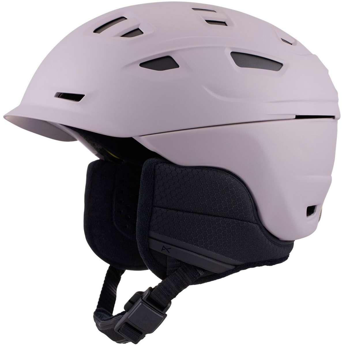 Anon Prime Mips Helmet 2024 - A white helmet with a black chin strap and ventilation holes on top.