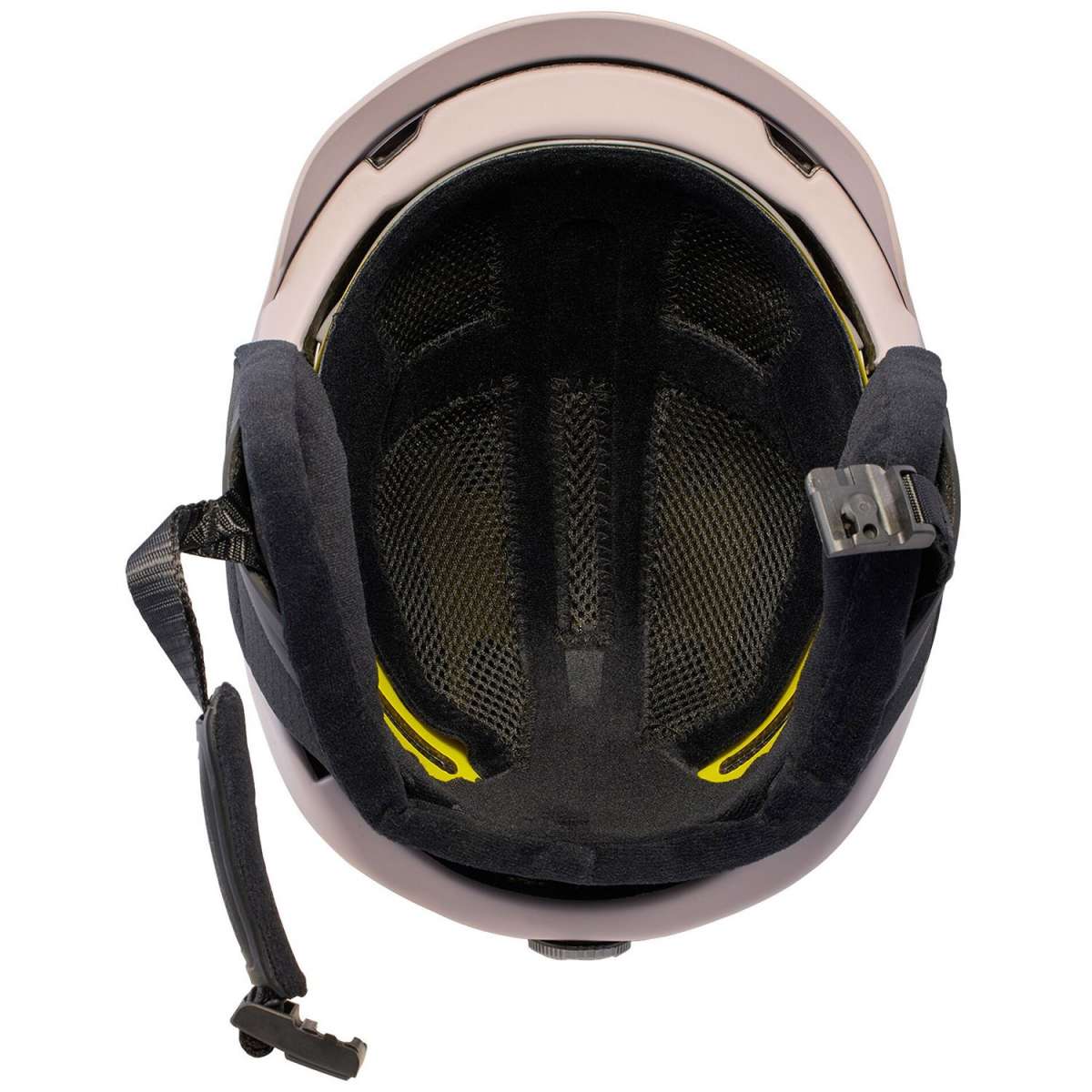 Anon Prime Mips Helmet 2024 - A black helmet with a white logo on the front and yellow accents around the vents.