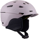 Anon Prime Mips Helmet 2024 - A white helmet with a black chin strap and a red logo on the side.