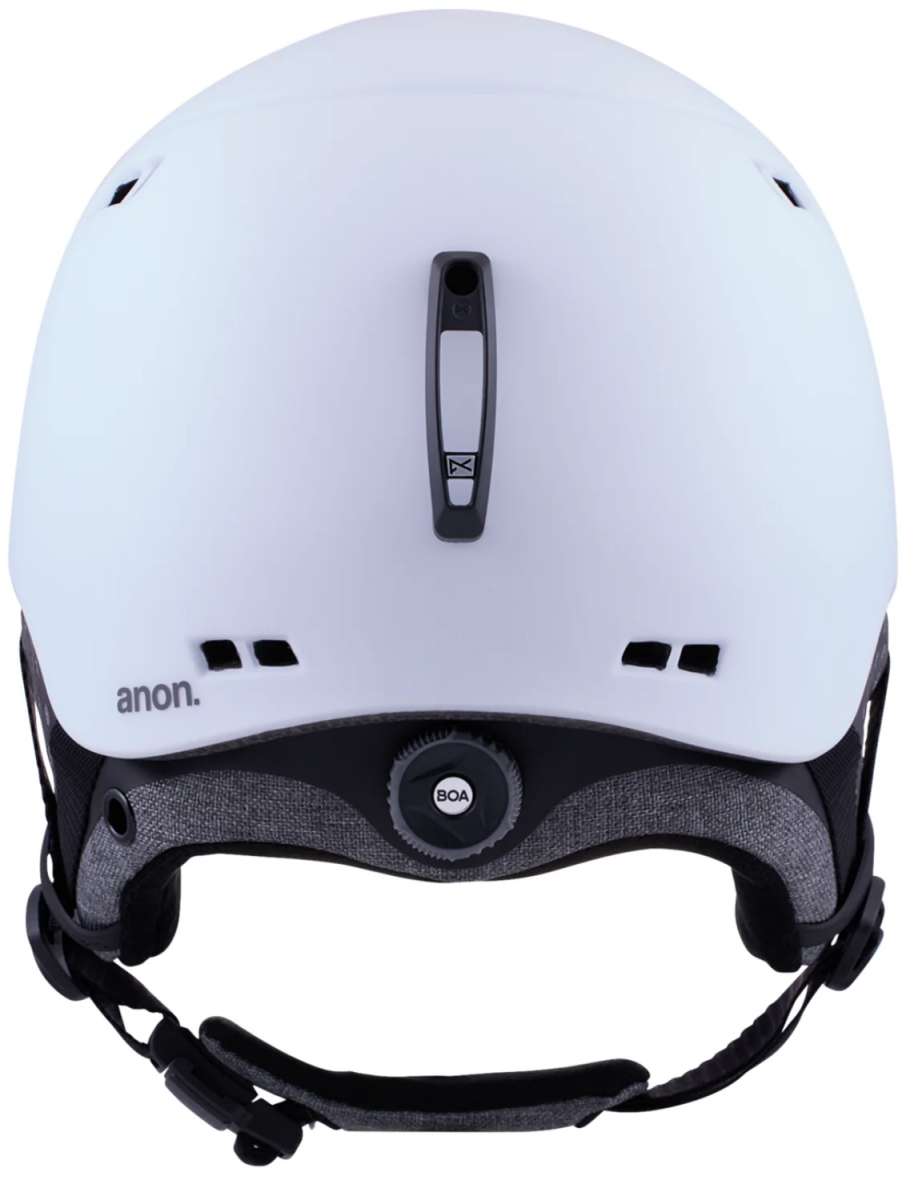 Anon Rodan MIPS Helmet 2024 - A white helmet with a black strap and buckle on top, featuring a gray logo on the side.
