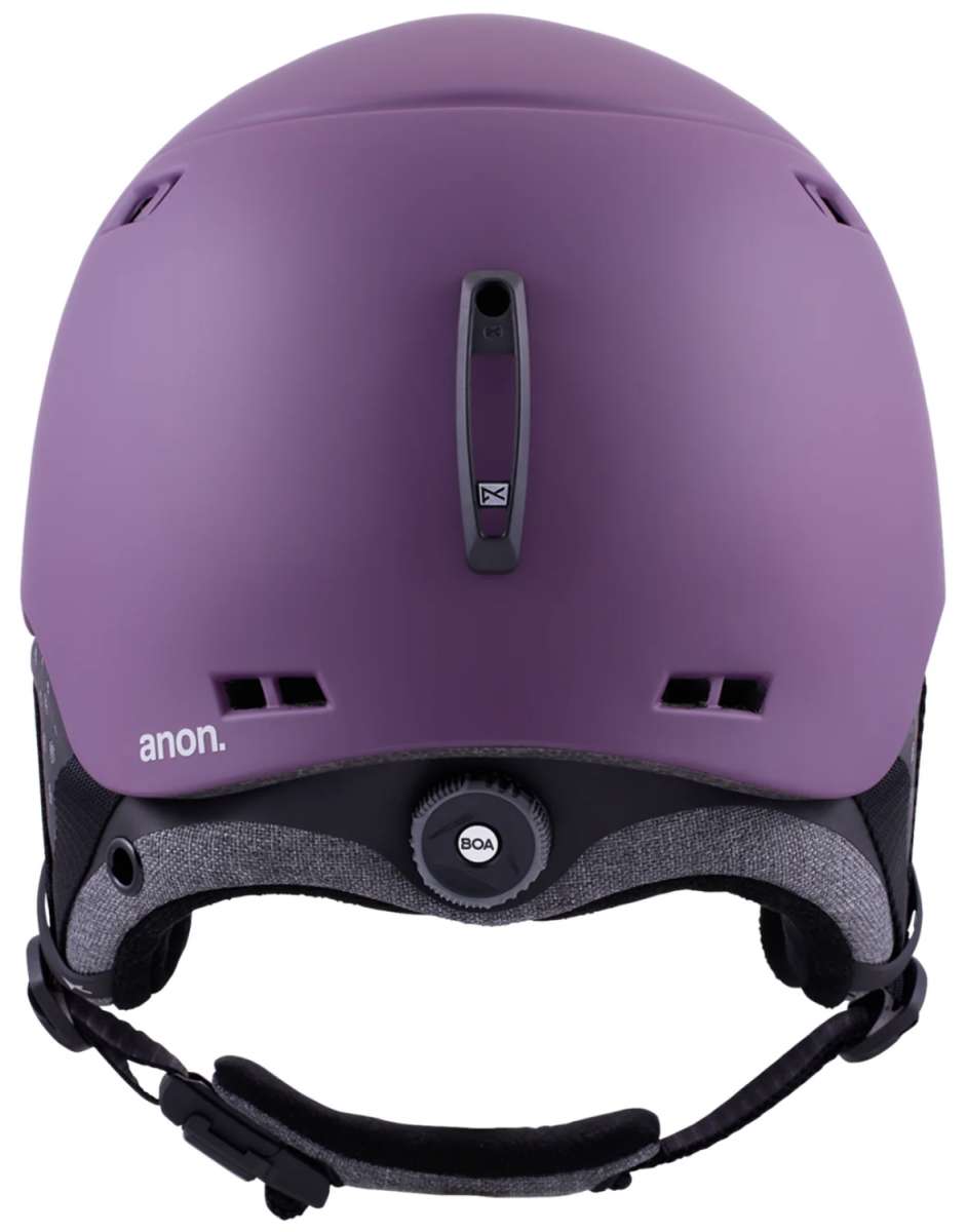Anon Rodan MIPS Helmet 2024 - A purple helmet with a white logo on the front and a black strap in the back.