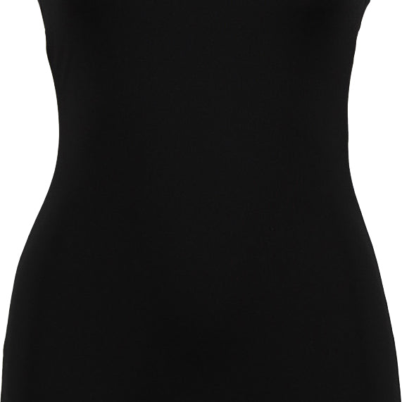 Dolfin Ladies' Aquatard Color Block Swimsuit - A black swimsuit with blue color block accents on the shoulders and upper back.