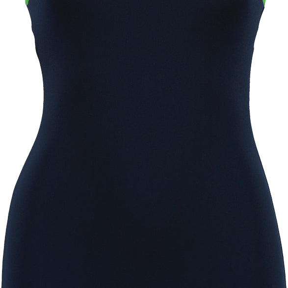 Dolfin Ladies' Aquatard Color Block Swimsuit - A navy blue swimsuit with lime green color block accents on the shoulders and upper back.