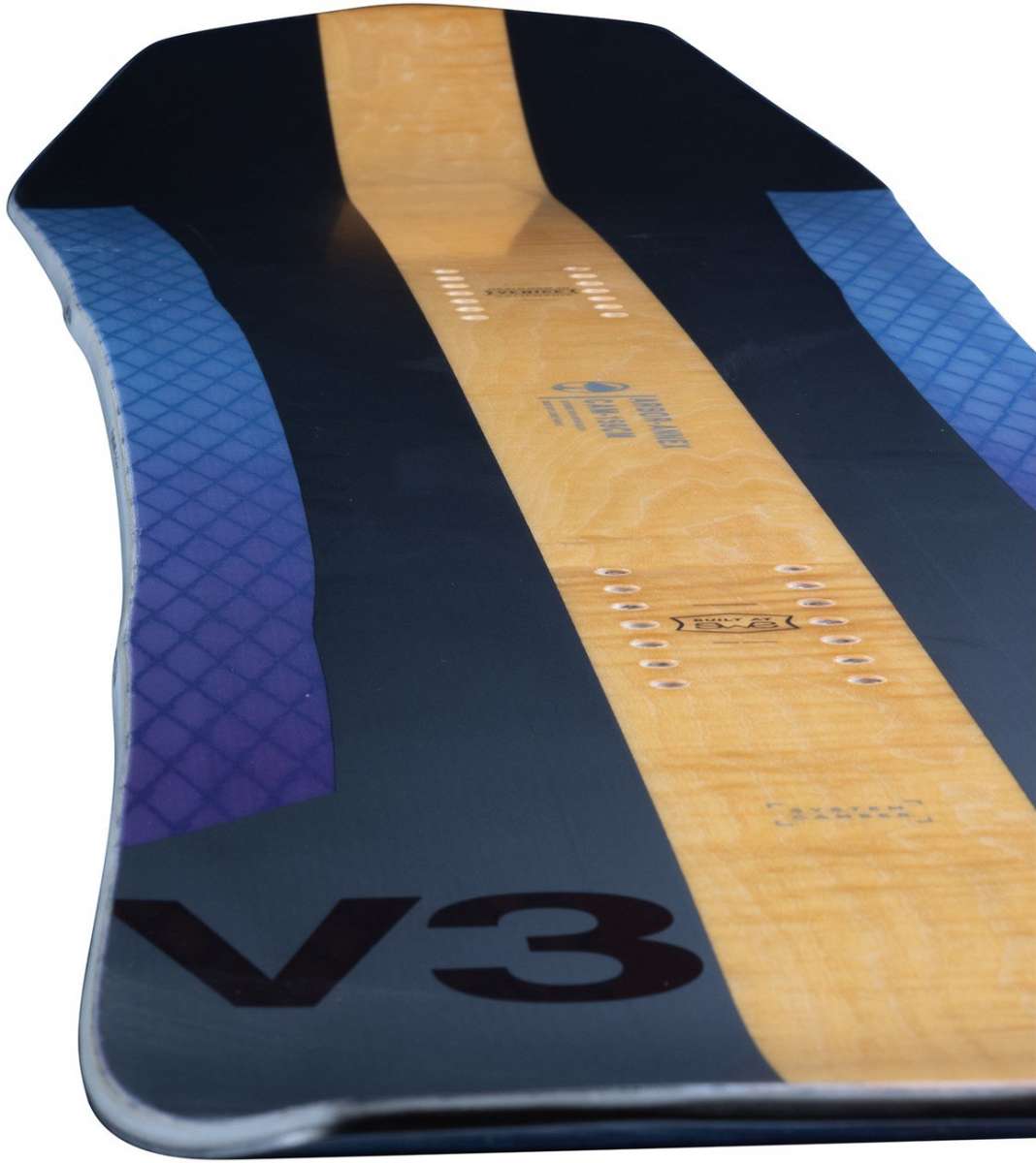 Arbor Annex Bi Camber Snowboard 2023 - A black snowboard with a blue and purple patterned design on the top sheet, featuring a distinctive bi-camber shape.