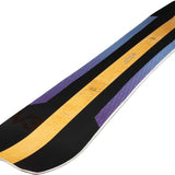 Arbor Annex Bi Camber Snowboard 2023 - A black snowboard with a yellow stripe down the middle and purple accents on either side.