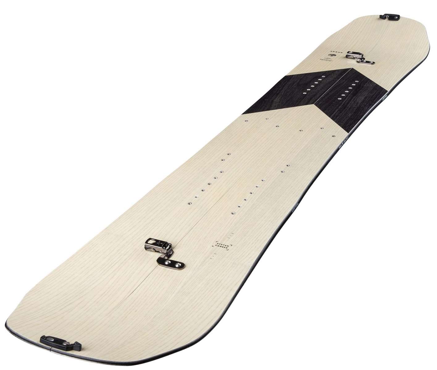 Arbor Coda Rocker Splitboard 2022 - A light-colored wood grain splitboard with a black logo on top and a distinctive rocker shape at the front.