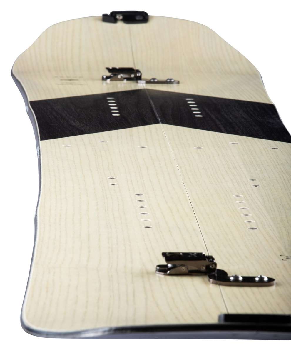 Arbor Coda Rocker Splitboard 2022 - A light-colored wood grain splitboard with a black stripe across the top and silver screws.